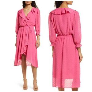 Fraiche by J Ruffle Faux Wrap Dress NWT $142 in Barbie Pink Swiss Dot Women's S